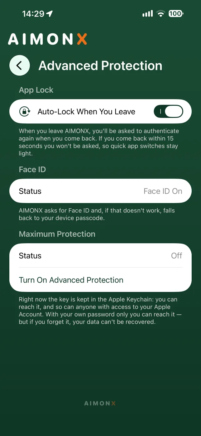 AIMONX Advanced Protection settings: auto-lock when you leave, Face ID on, and the option to add a password only you know.