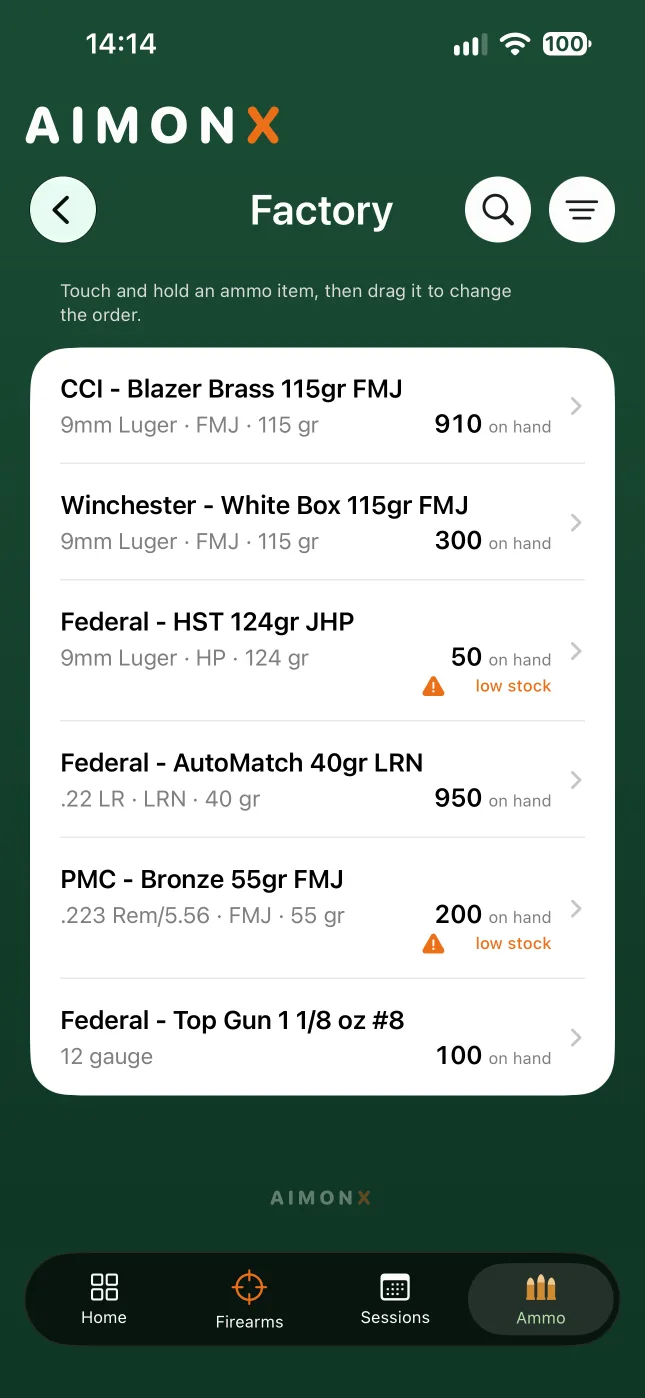Factory ammo in AIMONX, with rounds on hand and low-stock alerts.
