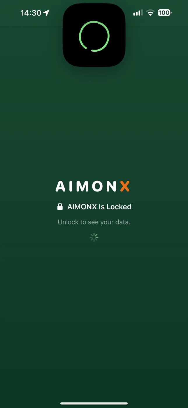 The AIMONX lock screen: "AIMONX Is Locked. Unlock to see your data."