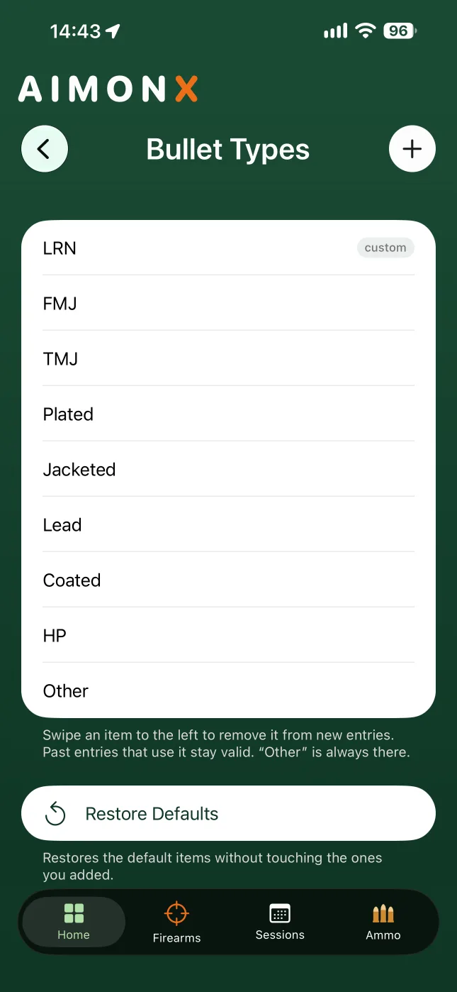 Bullet types in AIMONX, with LRN added by the user and marked custom, above defaults like FMJ, TMJ and HP.