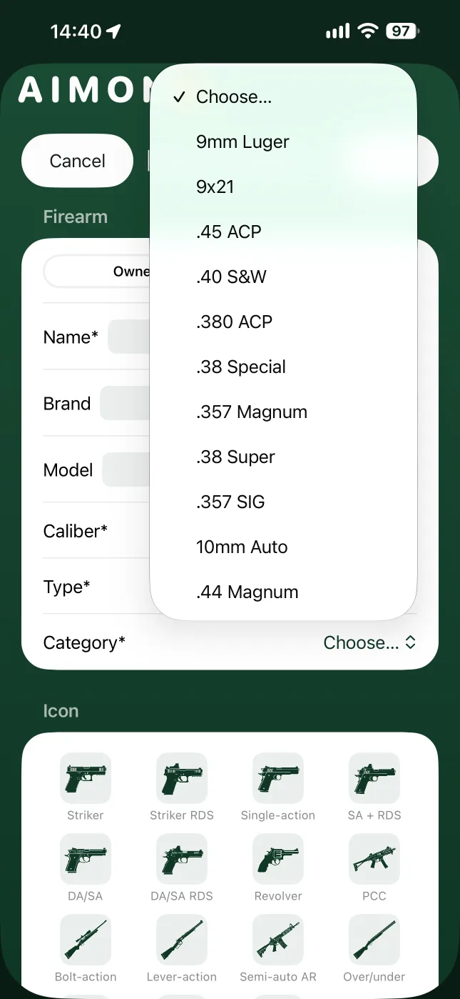 Picking a caliber for a new firearm in AIMONX, from a list that starts with 9mm Luger, 9x21 and .45 ACP.
