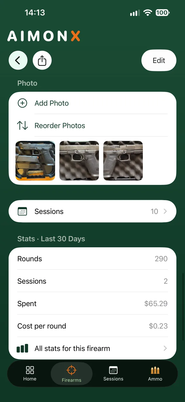 A firearm's photos and its last 30 days in AIMONX: rounds, sessions, money spent and cost per round.