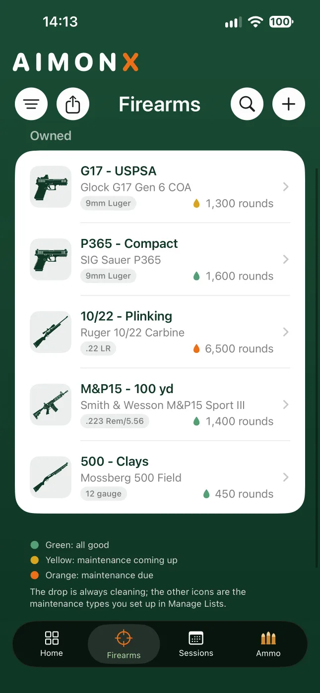 Your firearms in AIMONX, each with its round count and a color-coded maintenance status.