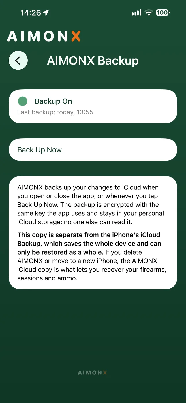 The AIMONX Backup page: backup on, the time of the last backup, and a Back Up Now button.