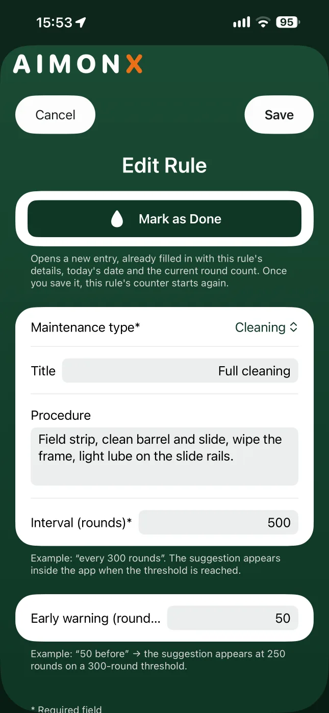 Editing a maintenance rule in AIMONX: a Mark as Done button on top, then the type, title, procedure, interval in rounds and early warning.