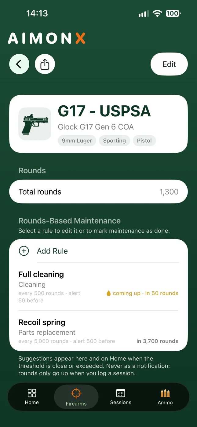 A firearm's page in AIMONX, with its total rounds and round-count maintenance rules for cleaning and a recoil spring.