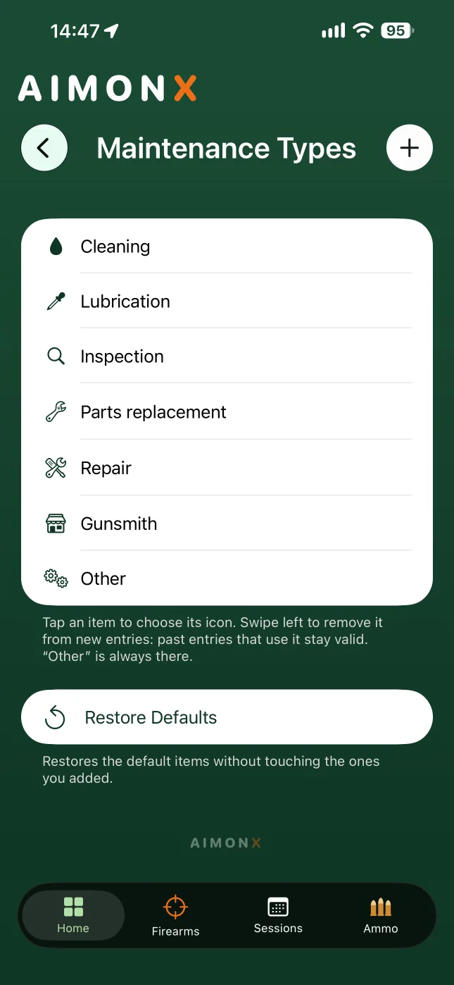 Maintenance types in AIMONX, each with its own icon: cleaning, lubrication, inspection, parts replacement, repair and gunsmith.