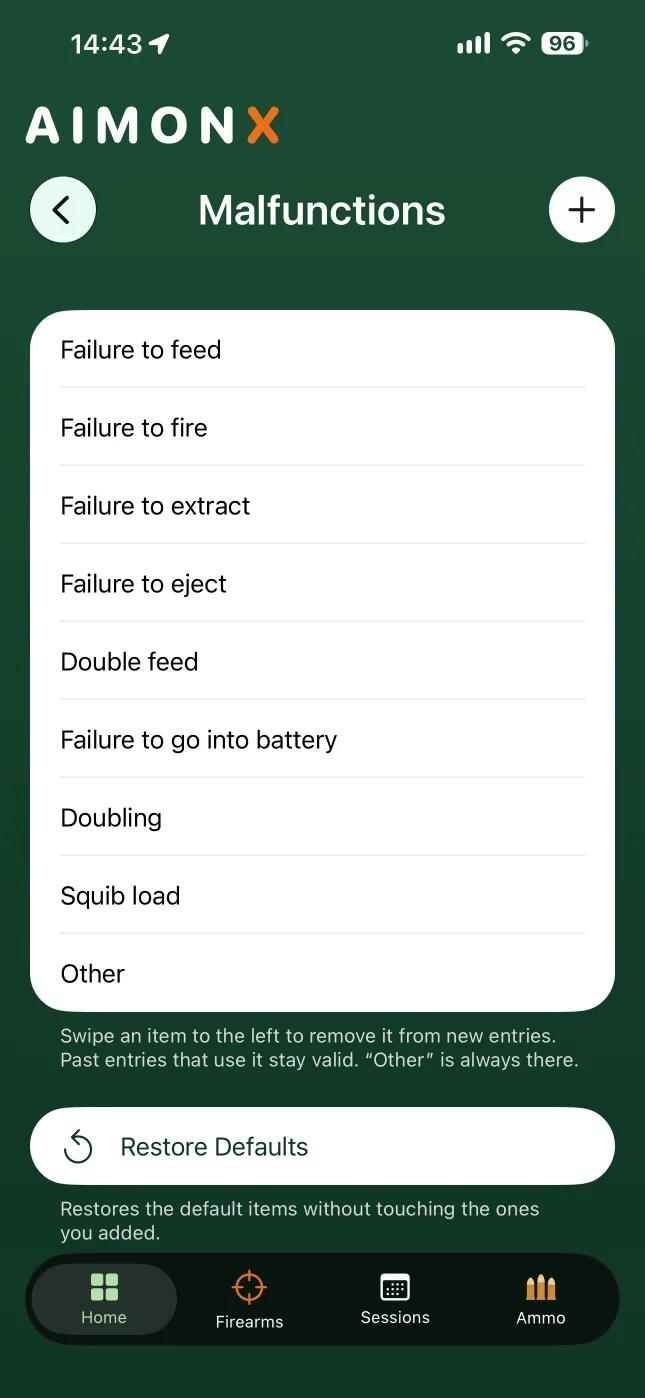 Malfunctions in AIMONX, from failure to feed to squib load, with a Restore Defaults button below the list.