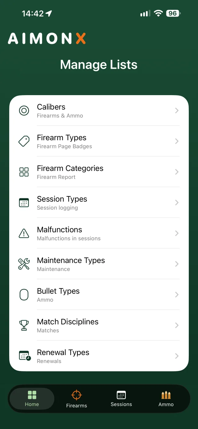 Manage Lists in AIMONX: calibers, firearm types, firearm categories, session types, malfunctions, maintenance types, bullet types, match disciplines and renewal types.
