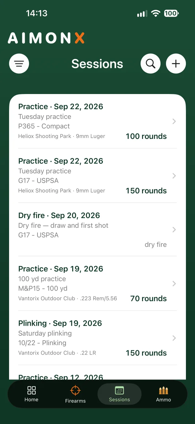 The Sessions list in AIMONX: practice and dry fire sessions, each with the firearm, the range and the rounds fired.