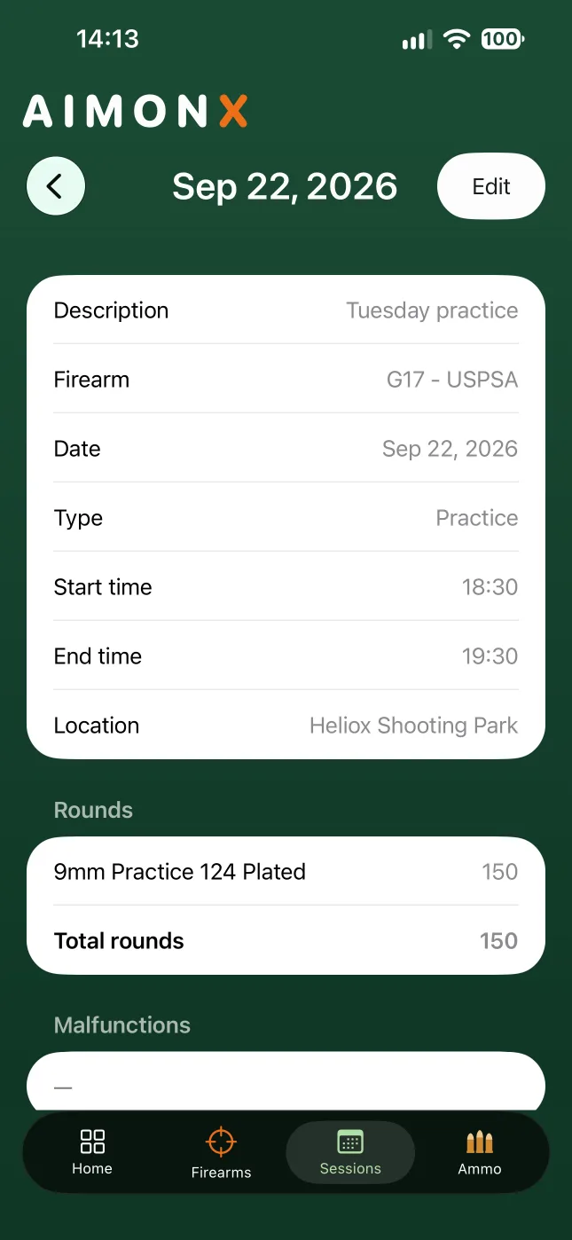 A range session in AIMONX: the firearm, the date, the range, the ammo and the 150 rounds fired.